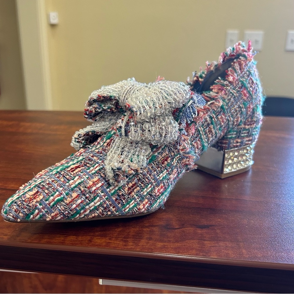 Jeffrey Campbell Multicolor Bridgerton Tweed Heels with Bow 9.5 - Picture 4 of 12